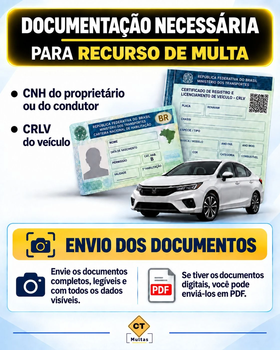 Documentação necessária para recurso de multa: CNH do proprietário ou do condutor e CRLV do veículo. Envie os documentos completos, legíveis e com todos os dados visíveis; se tiver os documentos digitais, pode enviá-los em PDF.