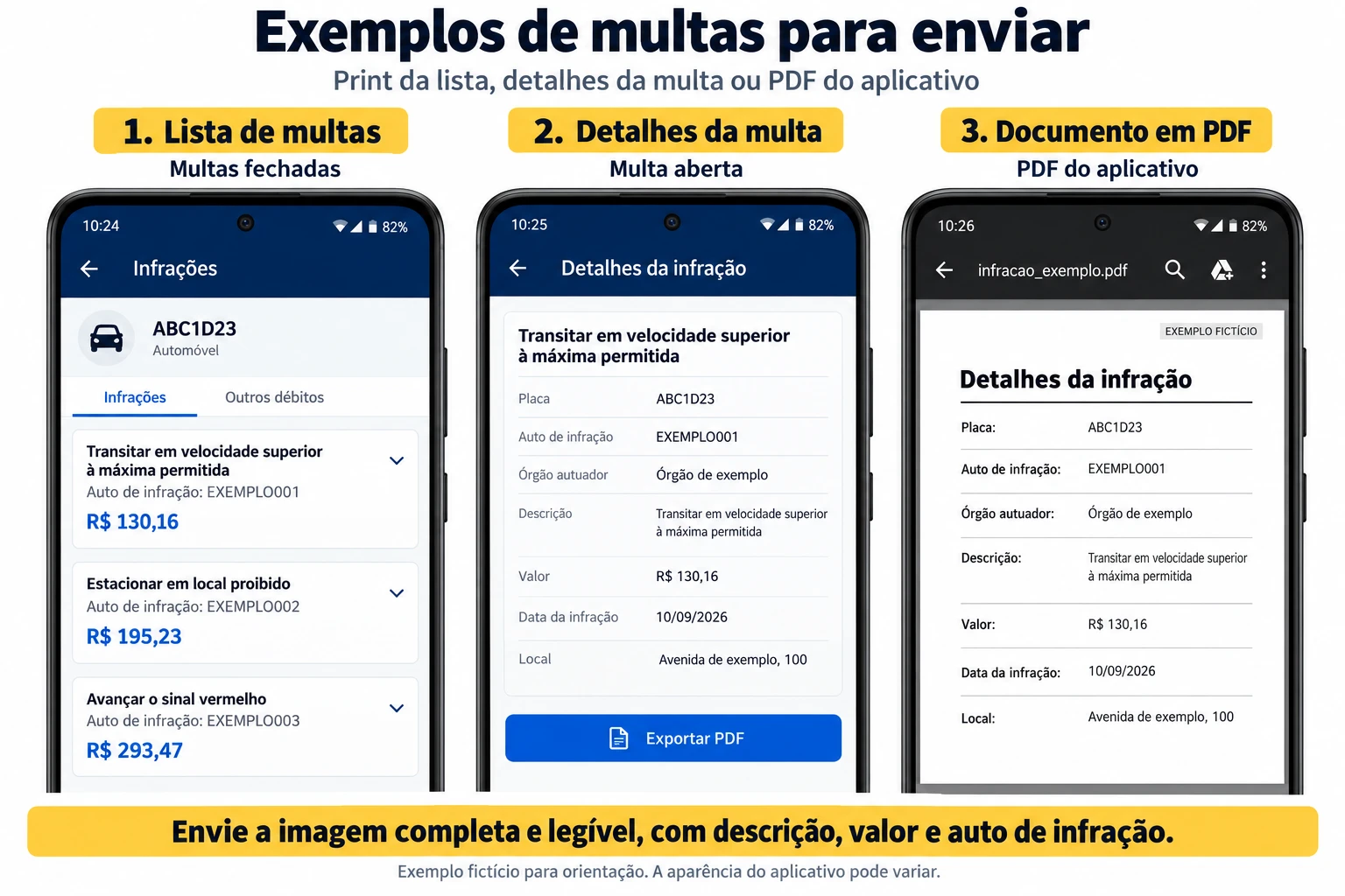Exemplos de multas para enviar: 1, print da lista de multas do app; 2, print dos detalhes da multa aberta; 3, o PDF que o app gera. Envie a imagem completa e legível, com descrição, valor e auto de infração.
